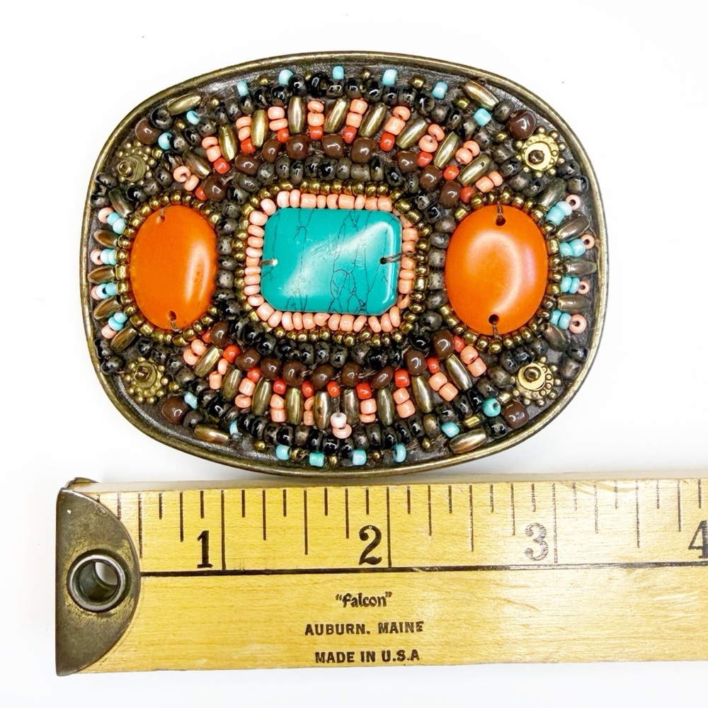 Lucky Brand Beaded Faux Turquoise & Orange Coral Belt Buckle - Picture 3 of 3